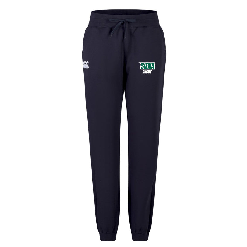 The Siena College Women's Leisure Sweatpant by EMB Canterbury features recycled polyester, a drawstring waist, and elastic cuffs. It showcases "Siena Rugby" alongside the brand logo on the front.
