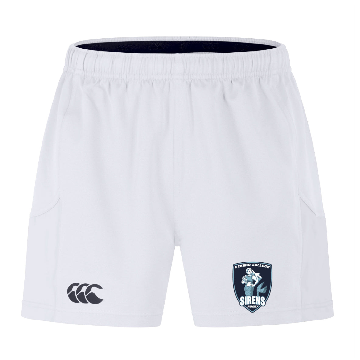 The EMB Canterbury Eckerd College Advantage Short 2.0 features an elastic waistband, Sirens team logo on the right leg, and Canterbury logo on the left—ideal for sustainable sportswear enthusiasts.