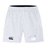 The Play Rugby USA Advantage Short 2.0 by EMB Canterbury features an elastic waistband, side pockets, black Canterbury logo on the left, and a blue "Play Rugby USA" logo with stars on the right leg. Made from recycled materials.