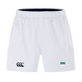 Siena College Advantage Short 2.0 by EMB Canterbury: White sports shorts with elastic waistband for ultimate performance, featuring a black Canterbury logo and green "Siena Rugby" text on the front, offering a sustainable choice for athletes.