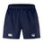 The Play Rugby USA Advantage Short 2.0 by EMB Canterbury are navy rugby shorts with an elastic waistband, featuring white Canterbury and Play Rugby logos. Made with recycled materials, they're ideal performance training shorts you can trust.
