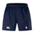 The Five Star Rugby Advantage Short 2.0 by EMB Canterbury features a navy blue design, elastic waistband, side pockets, white Canterbury logo (left), Bradford City AFC crest (right), and is made with recycled content for sustainability.