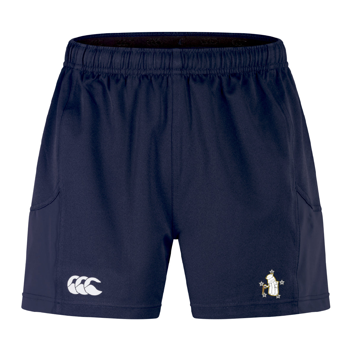 The Five Star Rugby Advantage Short 2.0 by EMB Canterbury features a navy blue design, elastic waistband, side pockets, white Canterbury logo (left), Bradford City AFC crest (right), and is made with recycled content for sustainability.