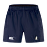 The Five Star Rugby Advantage Short 2.0 by EMB Canterbury features a navy blue design, elastic waistband, side pockets, white Canterbury logo (left), Bradford City AFC crest (right), and is made with recycled content for sustainability.