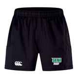 Experience peak performance with the Siena College Advantage Short 2.0 by EMB Canterbury, featuring the "Siena Rugby" logo on the right and a Canterbury logo on the left. These shorts offer durability, style, and sustainability in athletic wear.