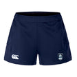 The EMB Canterbury Eckerd College Women's Advantage Short 2.0 features navy blue fabric, white logos on both legs, an elastic waistband, front seam detailing, and is made with recycled content sportswear for performance training.