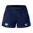 The Play Rugby USA Women's Advantage Short 2.0 by EMB Canterbury, in navy blue, features the "Canterbury" logo on the left hem and "Play Rugby" on the right, shown against a white background—ideal sustainable shorts for performance workouts.