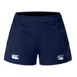 The Play Rugby USA Women's Advantage Short 2.0 by EMB Canterbury, in navy blue, features the "Canterbury" logo on the left hem and "Play Rugby" on the right, shown against a white background—ideal sustainable shorts for performance workouts.