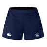 The Play Rugby USA Women's Advantage Short 2.0 by EMB Canterbury, in navy blue, features the "Canterbury" logo on the left hem and "Play Rugby" on the right, shown against a white background—ideal sustainable shorts for performance workouts.