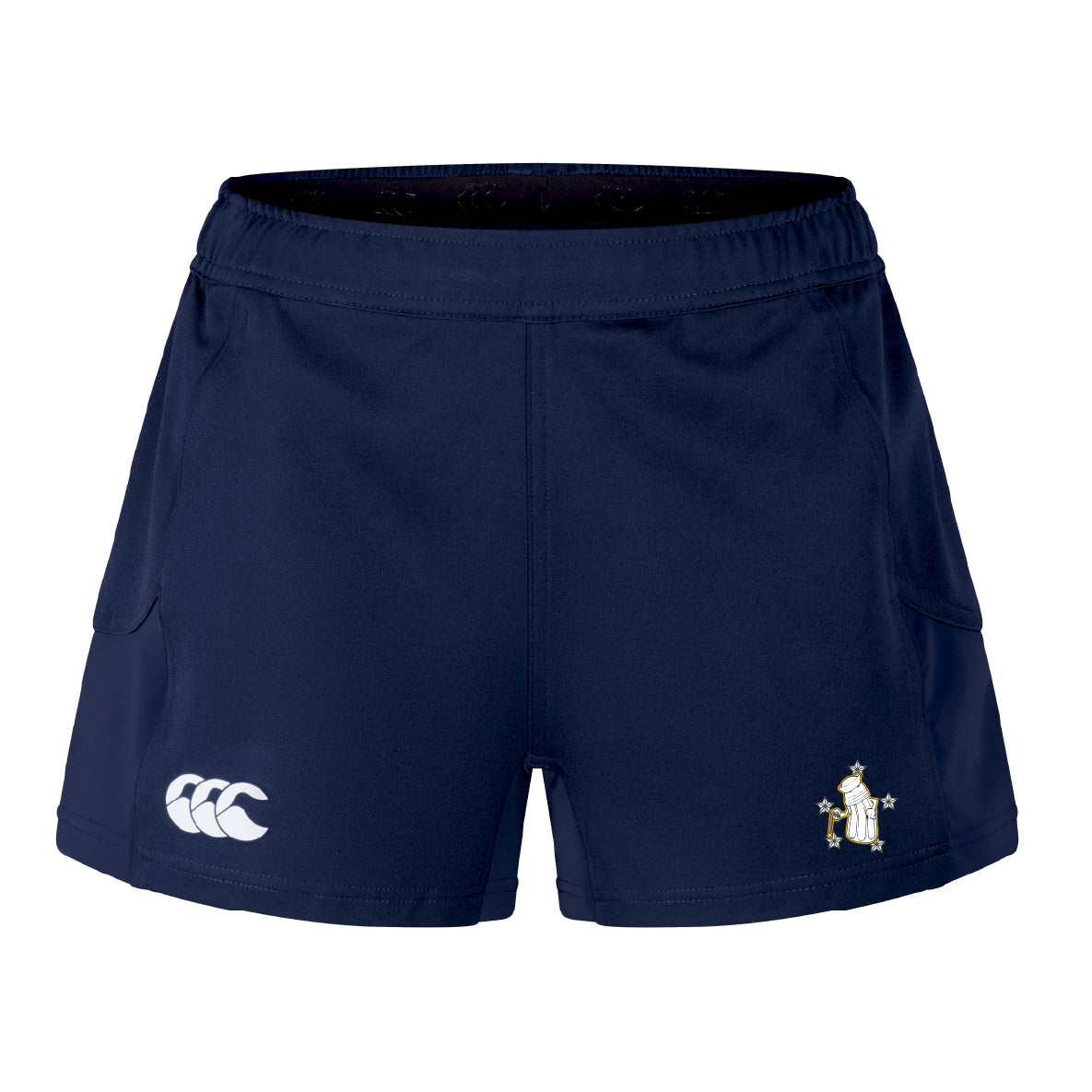 The Five Star Rugby Women's Advantage Short 2.0 by EMB Canterbury features a navy blue design, elastic waistband, side pockets, and white leg logos—crafted from recycled materials for sustainable sportswear you’ll love.