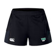 Siena College Women's Advantage Short 2.0 by EMB Canterbury: Black rugby shorts with a white logo on the left, "Siena Rugby" on the right, designed for performance and sustainability using recycled materials.
