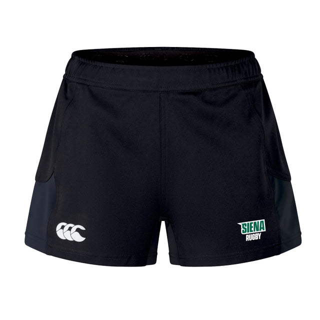 Siena College Women's Advantage Short 2.0 by EMB Canterbury: Black rugby shorts with a white logo on the left, "Siena Rugby" on the right, designed for performance and sustainability using recycled materials.