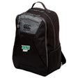 The Siena College Medium Backpack by EMB Canterbury features a "Siena Rugby" logo, Vaposhield technology, a front zipper pocket, side mesh pocket, and top handle.