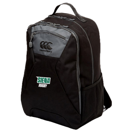 The Siena College Medium Backpack by EMB Canterbury features a "Siena Rugby" logo, Vaposhield technology, a front zipper pocket, side mesh pocket, and top handle.
