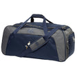 The Five Star Rugby Holdall Duffle Bag by EMB Canterbury features navy and gray colors, handles, a shoulder strap, side pocket, water-repellent fabric, and an embroidered logo—ideal for everyday rugby use.