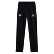The Siena College Stretch Tapered Pant by EMB Canterbury features a black design with an elastic waistband, white Canterbury logo, and green Siena logo. Ideal for workouts, these quick-dry pants offer style and comfort.