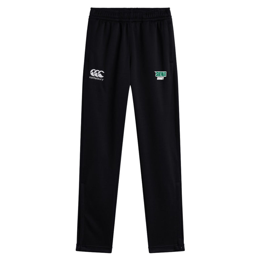 The Siena College Stretch Tapered Pant by EMB Canterbury features a black design with an elastic waistband, white Canterbury logo, and green Siena logo. Ideal for workouts, these quick-dry pants offer style and comfort.
