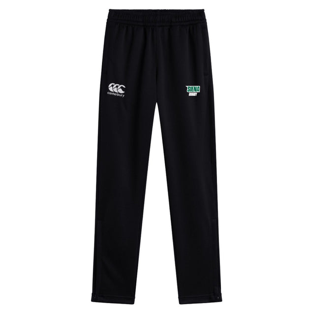 The Siena College Stretch Tapered Pant by EMB Canterbury features a black design with an elastic waistband, white Canterbury logo, and green Siena logo. Ideal for workouts, these quick-dry pants offer style and comfort.