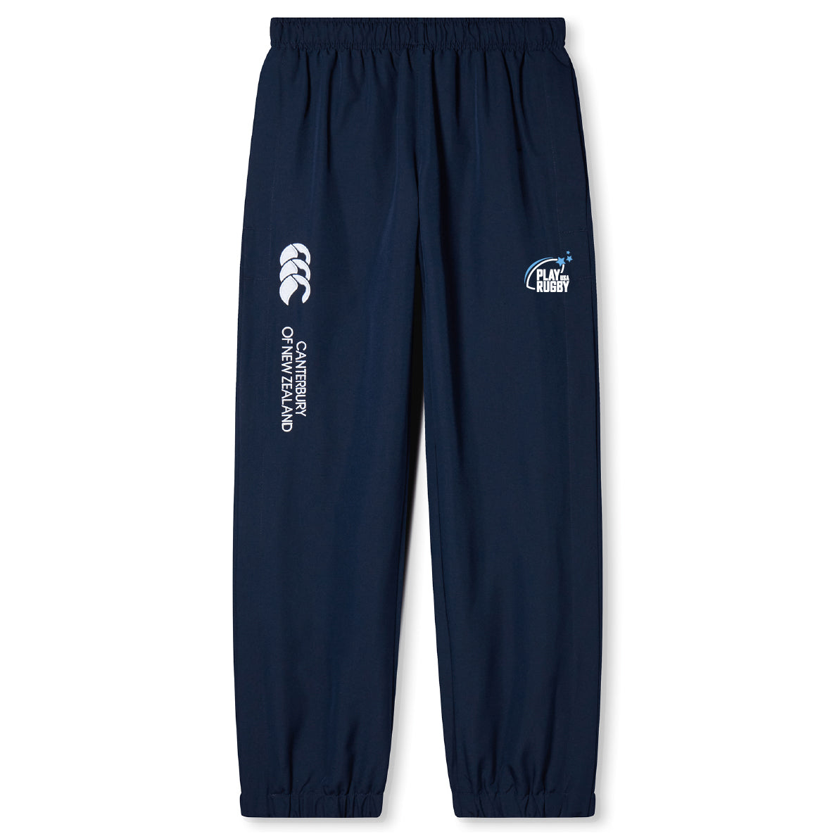 The EMB Canterbury Play Rugby USA Cuffed Hem Stadium Pant features an elastic waistband, cuffed hem, and "Play Rugby" logo on the front left leg. Navy blue color by Canterbury.