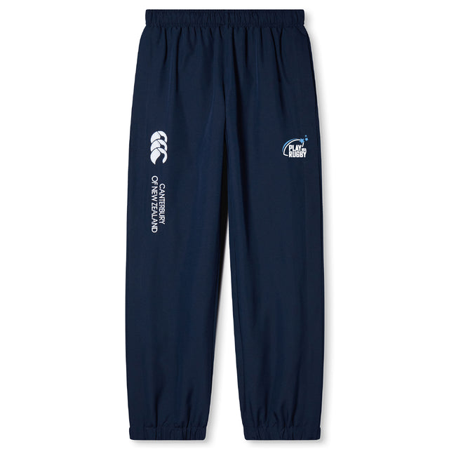 The EMB Canterbury Play Rugby USA Cuffed Hem Stadium Pant features an elastic waistband, cuffed hem, and "Play Rugby" logo on the front left leg. Navy blue color by Canterbury.