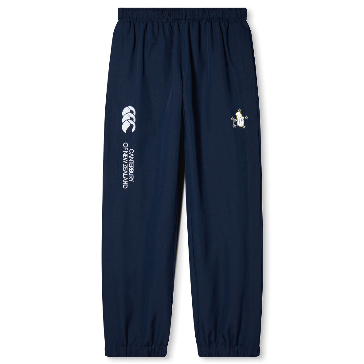 The EMB Canterbury Five Star Rugby Cuffed Hem Stadium Pant features an elastic waistband, cuffed hems, and a logo on the right leg—perfect men's pants for rugby or daily wear.