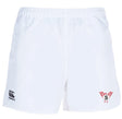 The Superior Rugby Player's Drill Short by EMB Canterbury is white with an elastic waistband, made from recycled fabric, and features a Canterbury logo on the left leg and a red and black winged "S" emblem on the right.