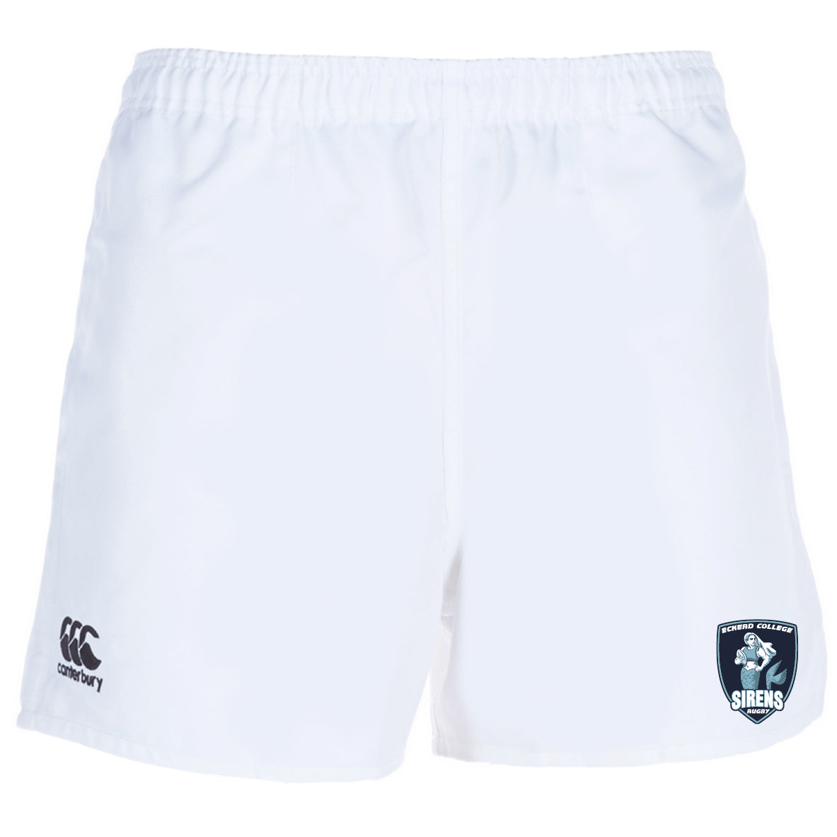 The EMB Canterbury Eckerd College Professional Polyester Rugby Short features an elastic waistband, Canterbury logo on the left leg, and Sirens team badge on the right—ideal for performance and comfort.