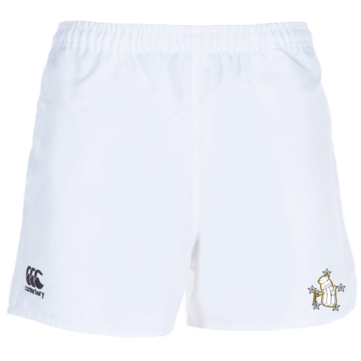 The Five Star Rugby Advantage Short 2.0 by EMB Canterbury features a black Canterbury logo left and a beer mug with stars right—ideal for fans of sustainable sportswear.