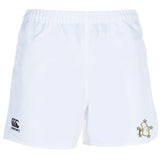 The Five Star Rugby Advantage Short 2.0 by EMB Canterbury features a black Canterbury logo left and a beer mug with stars right—ideal for fans of sustainable sportswear.