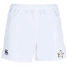 The Five Star Rugby Advantage Short 2.0 by EMB Canterbury features a black Canterbury logo left and a beer mug with stars right—ideal for fans of sustainable sportswear.