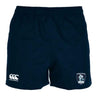 Eckerd College Advantage Rugby Shorts by EMB Canterbury in navy blue feature an elastic waistband, CCC logo on the left leg, and a "Sirens" crest on the right. Designed for comfort and moisture-wicking performance.
