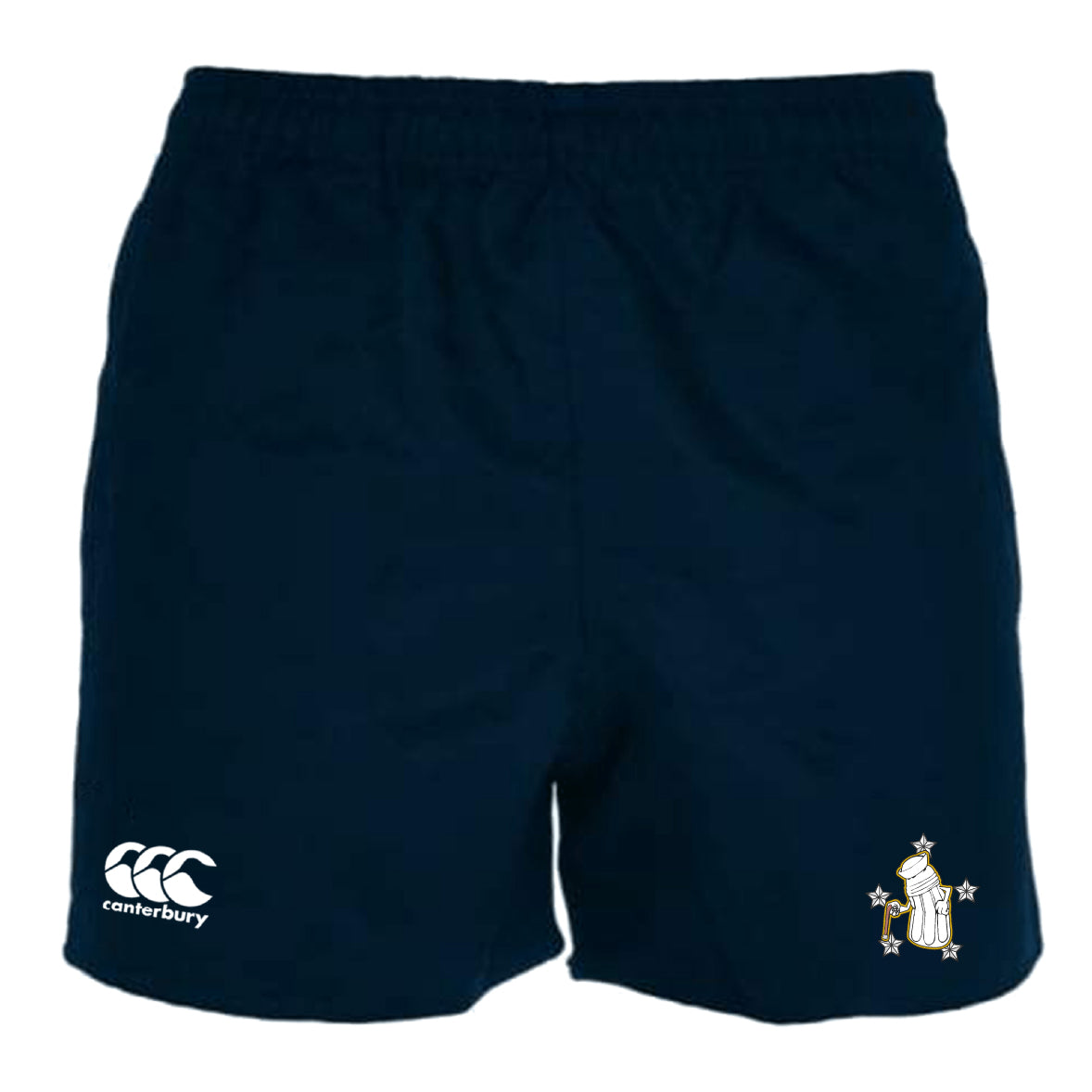 The Five Star Rugby Advantage Rugby Shorts by EMB Canterbury feature a navy blue design, logo on the left leg, and a star-and-stripes crest on the right. These moisture-wicking shorts offer comfort and performance on or off the field.
