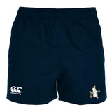 The Five Star Rugby Advantage Rugby Shorts by EMB Canterbury feature a navy blue design, logo on the left leg, and a star-and-stripes crest on the right. These moisture-wicking shorts offer comfort and performance on or off the field.