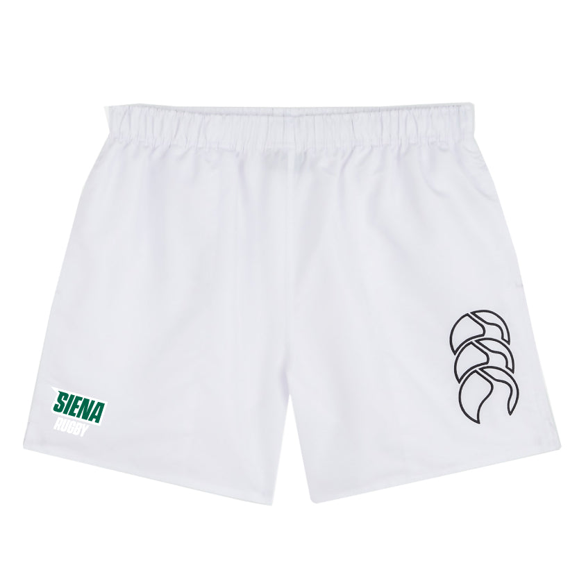 EMB Canterbury's Siena College Tactic Short blends style and function for rugby enthusiasts, featuring a black logo on the right and a green "Siena Rugby" emblem on the left.