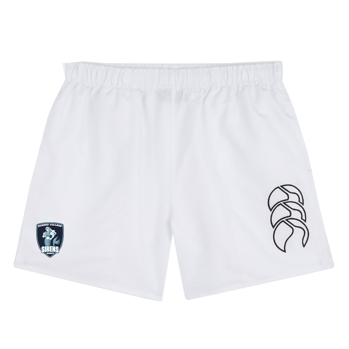 The EMB Canterbury Eckerd College Tactic Short is a white lightweight men's gym short with an elastic waistband, blue team logo on the left leg, and black graphic on the right—perfect as rugby or classic Canterbury shorts.