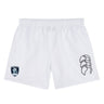 The EMB Canterbury Eckerd College Tactic Short is a white lightweight men's gym short with an elastic waistband, blue team logo on the left leg, and black graphic on the right—perfect as rugby or classic Canterbury shorts.