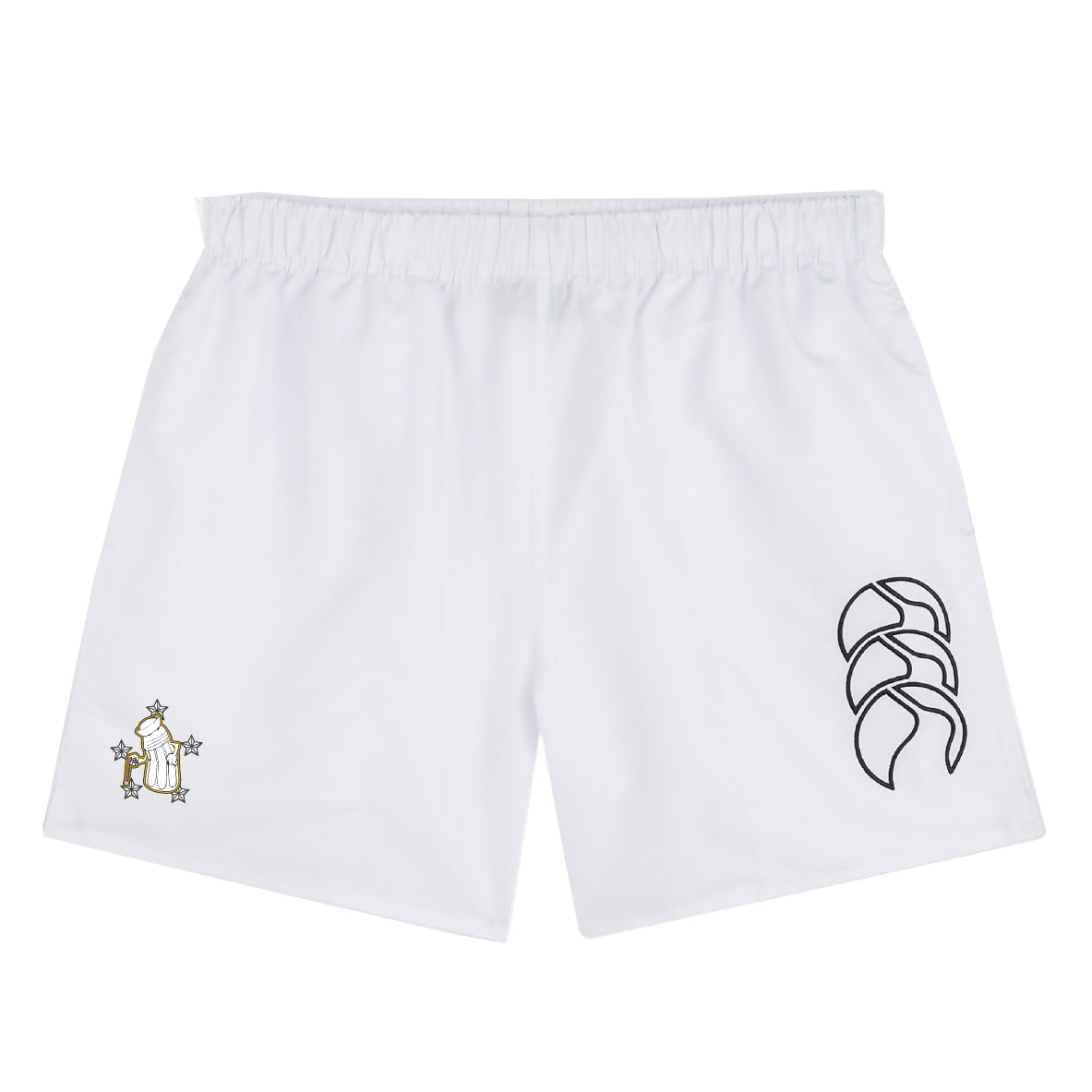 The Five Star Rugby Tactic Short by EMB Canterbury features an elastic waistband, a small cartoon graphic, and a large abstract logo—ideal as men's gym training shorts or stylish rugby shorts.