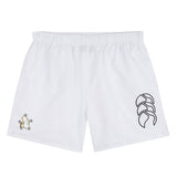 The Five Star Rugby Tactic Short by EMB Canterbury features an elastic waistband, a small cartoon graphic, and a large abstract logo—ideal as men's gym training shorts or stylish rugby shorts.
