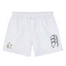 The Five Star Rugby Tactic Short by EMB Canterbury features an elastic waistband, a small cartoon graphic, and a large abstract logo—ideal as men's gym training shorts or stylish rugby shorts.