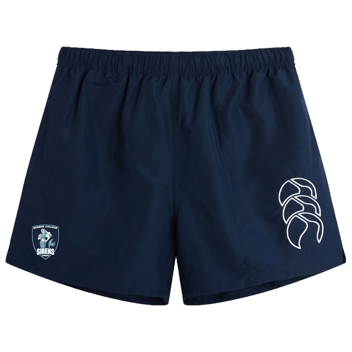 The Eckerd College Tactic Short by EMB Canterbury features an elastic waistband, a white logo on the left leg, and a team crest patch on the right—ideal lightweight gym or men's rugby shorts.
