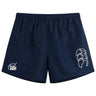 The Play Rugby USA Tactic Short by EMB Canterbury is a navy rugby short with an elastic waistband, white Play Rugby logo on the left leg, and a stylized emblem on the right—ideal quality men's sports shorts.