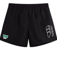 The Siena College Tactic Short by EMB Canterbury is black, featuring an embroidered Siena Rugby logo on the left and a white Canterbury logo on the right. Designed for rugby comfort, they have an elasticated waist for a perfect fit.