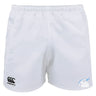 The Play Rugby USA Advantage Rugby Shorts by EMB Canterbury feature an elastic waistband, the iconic Canterbury logo on the left leg, a "Play Rugby" logo on the right, and moisture-wicking fabric for comfort during intense games.