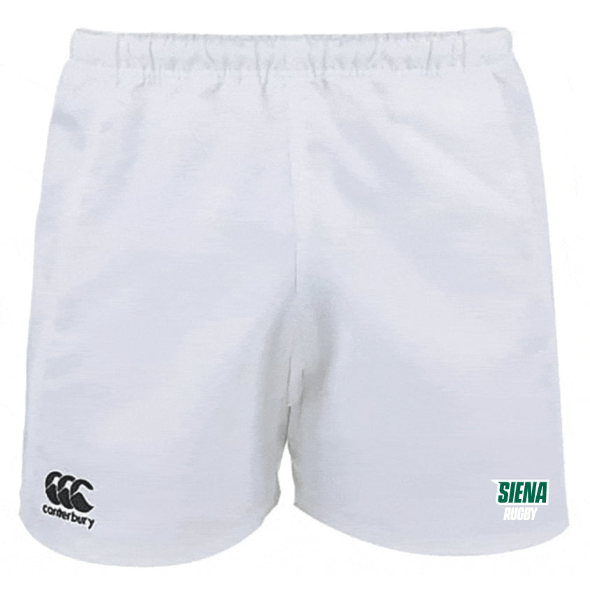 The Siena College Professional Polyester Rugby Shorts by EMB Canterbury feature durable polyester, the iconic Canterbury logo on the left leg, and the Siena Rugby emblem on the right.
