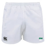 The Siena College Professional Polyester Rugby Shorts by EMB Canterbury feature durable polyester, the iconic Canterbury logo on the left leg, and the Siena Rugby emblem on the right.
