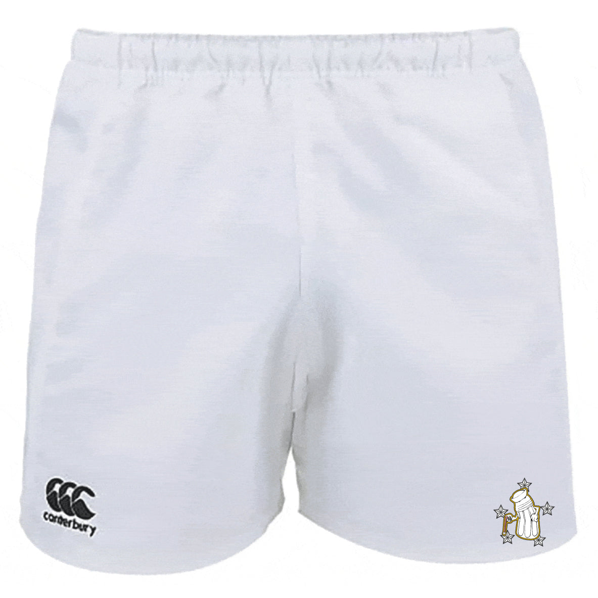 The EMB Canterbury Five Star Rugby Player's Drill Short features an elastic waistband, iconic left-leg logo, and a penguin-and-stars emblem—ideal sustainable athletic shorts for training or everyday wear.