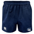 The Play Rugby USA Advantage Rugby Shorts by EMB Canterbury feature a navy blue design, elastic waistband, moisture-wicking fabric, white Canterbury logo on the left leg, and the "Play Rugby USA" logo on the right leg.