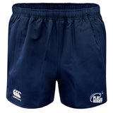 The Play Rugby USA Advantage Rugby Shorts by EMB Canterbury feature a navy blue design, elastic waistband, moisture-wicking fabric, white Canterbury logo on the left leg, and the "Play Rugby USA" logo on the right leg.