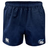 The Play Rugby USA Advantage Rugby Shorts by EMB Canterbury feature a navy blue design, elastic waistband, moisture-wicking fabric, white Canterbury logo on the left leg, and the "Play Rugby USA" logo on the right leg.