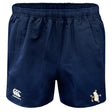 The Five Star Rugby Player's Drill Short by EMB Canterbury features an elastic waistband, Canterbury logo on the left leg, and a penguin crest on the right in navy blue.